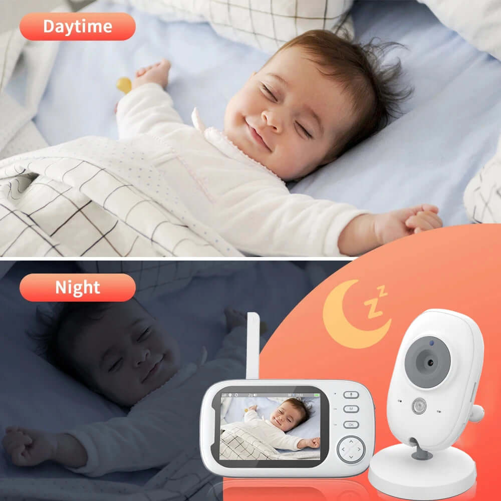 A baby asleep in daytime on the top half and on the bottom half a baby asleep at nighttime as well as the baby monitor camera.