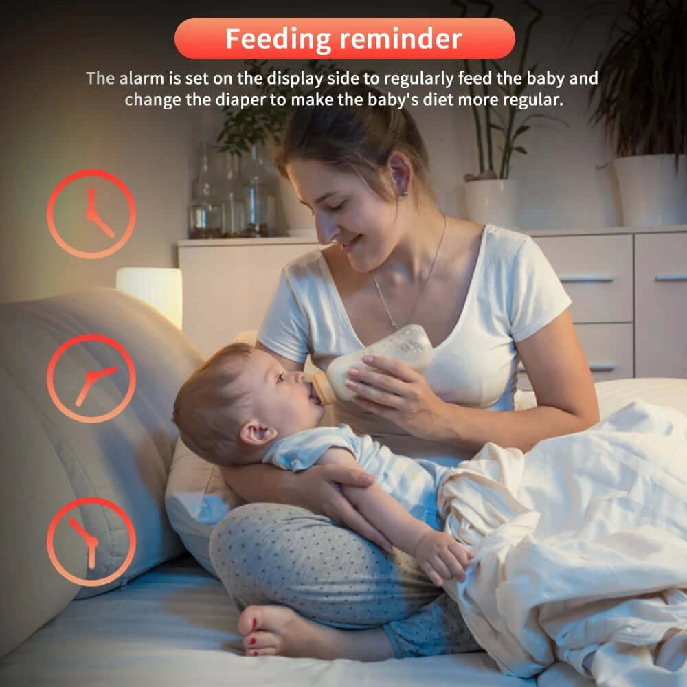 A women feeding a baby with a milk bottle. A graphic depicting the feeding reminder function.