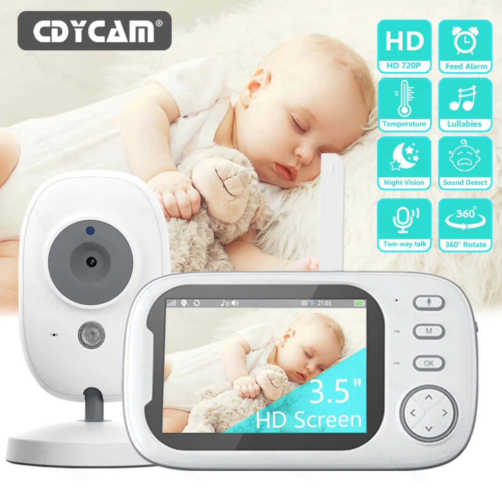 The baby monitor camera, a graphic showing 8 of the devices functions and a baby sleeping in the background.