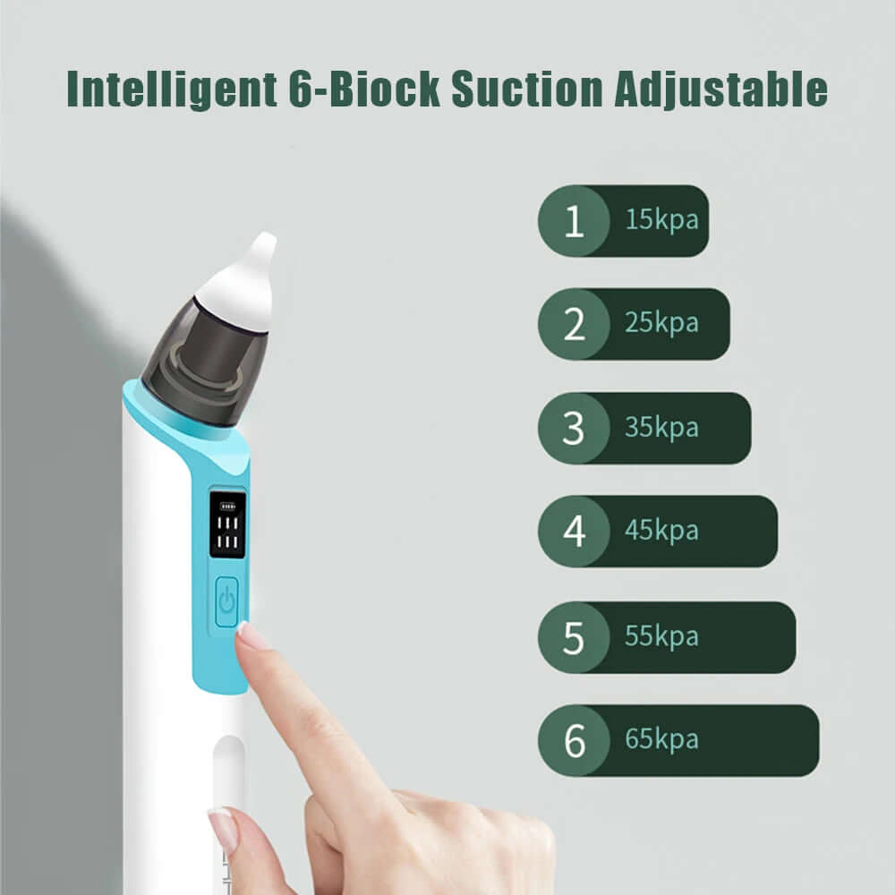 The infant nasal aspirator and a graphic explaining the devices 6-biovk suction settings. 15kpa, 25kpa, 35kpa, 45kpa, 55kpa and 65kpa.