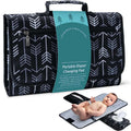 The portable baby nappy changing mat with its packaging. A graphic at the bottom on a baby placed on the folded out mat.