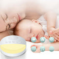 A women and a baby sleeping while the white noise machine is operating. 6 close up graphics of the buttons on the device.