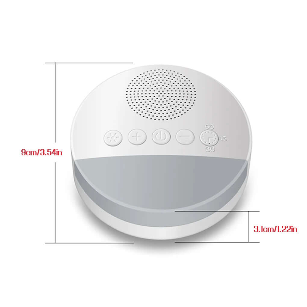 The white noise machine and its dimensions. 9cm/3.54inches in length and 3.1cm/1.22inches in depth.