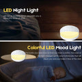 Two images, One showcasing the white noise machines LED night light and one showcasing the colourful LED mood light.